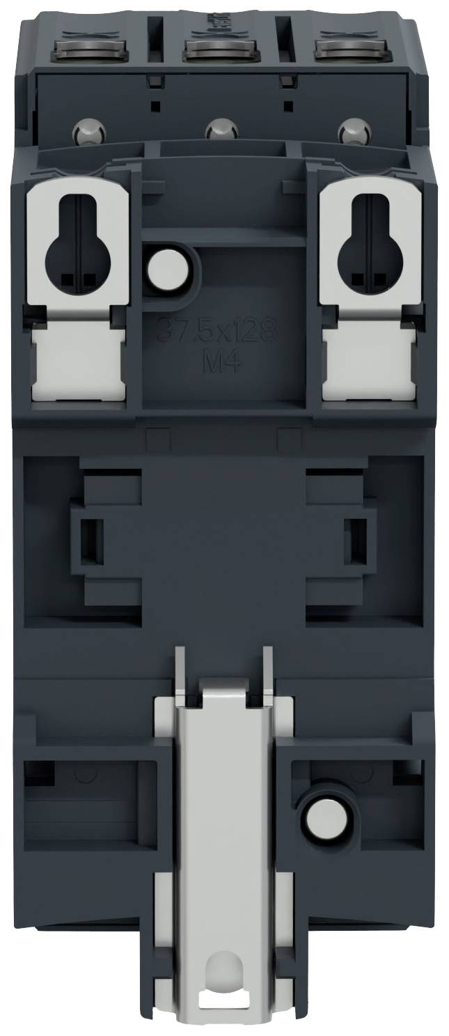 Elektrický stykač zobrazený spredu ukazuje štyri svorky hore a konektorové pripojenia dole.