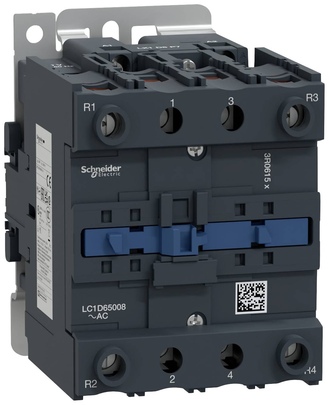 Trojpólový výkonový istič značky Schneider Electric s QR kódom, model LC1D65008. Hlavné farby sú čierna a modrá.