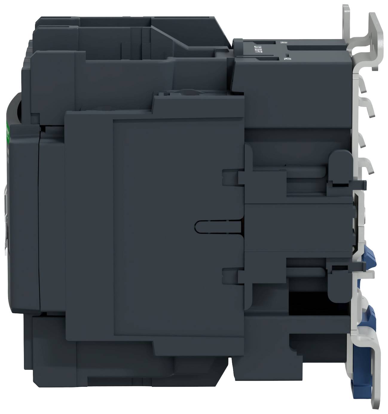 Vonkajšia strana čierneho elektrického spínača s viacerými svorkami a pákami.