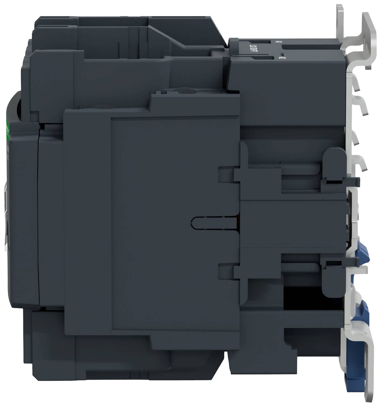 Pohľad z boku na sivý elektrický spínač so viditeľnou mechanikou a pripojeniami.