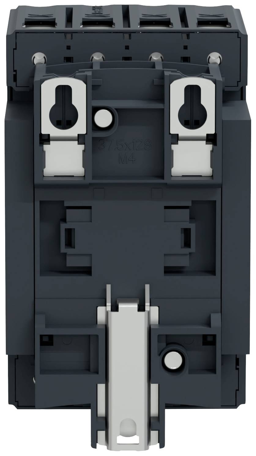 Čierny elektrický výkonový istič, vertikálne orientovaný, ukazuje prednú stranu so skrutkami a upevňovacími prvkami.