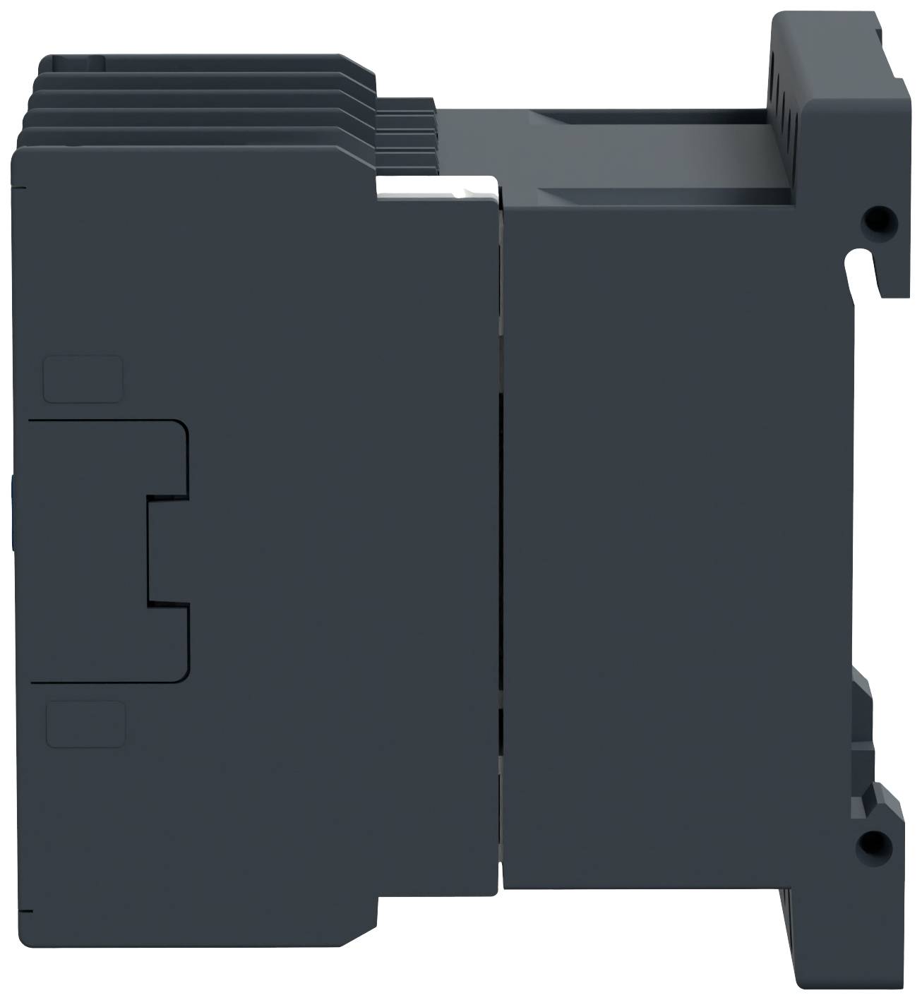 Pohľadový rez elektrickým zariadením s viacerými naskládanými komponentmi, pravdepodobne určený na montáž na DIN lištu.