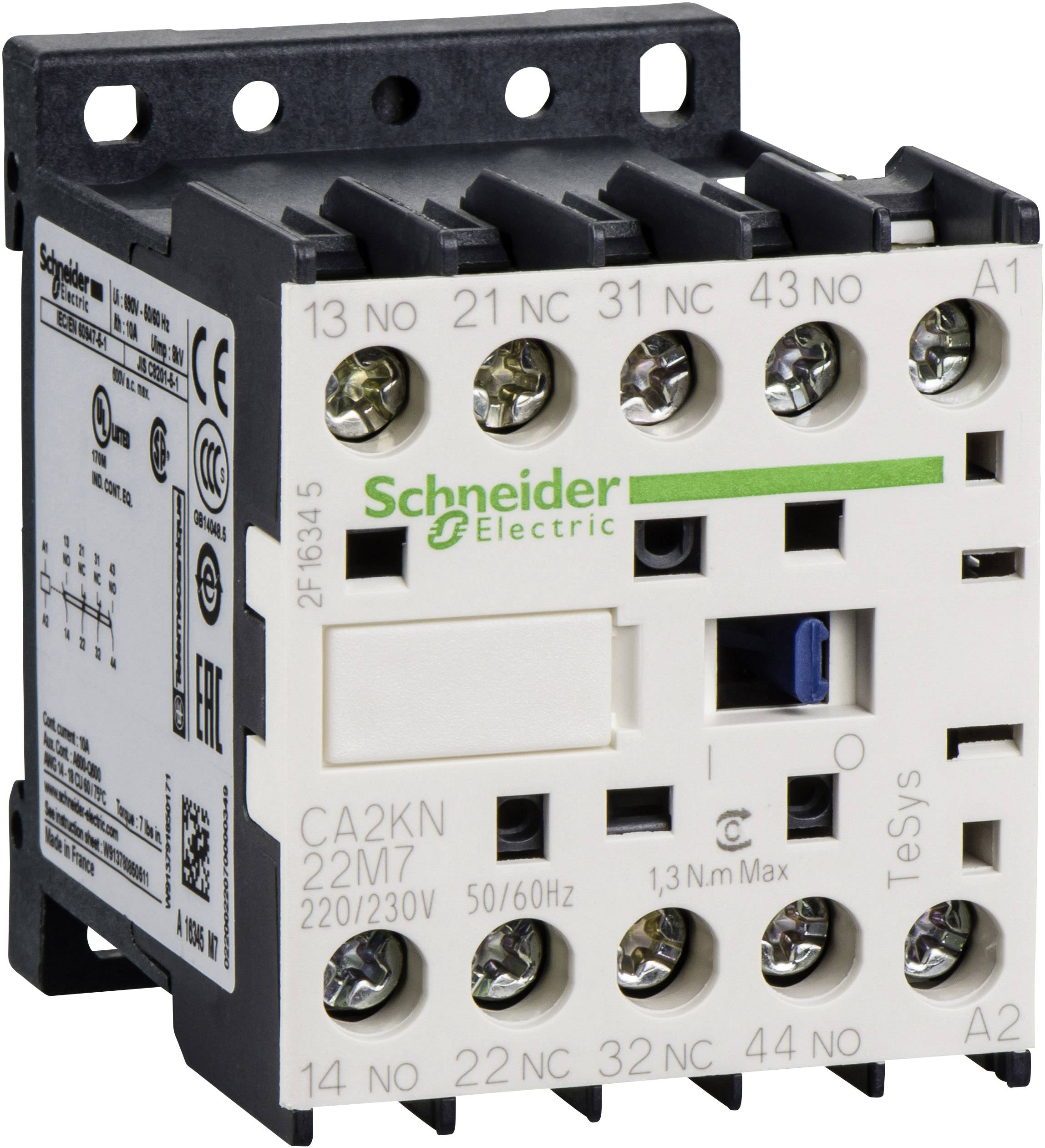 Elektrický stykač od Schneider Electric s modelovým číslom CA2KN 22M7, vhodný pre 220/230V a 50/60Hz, zobrazený spredu.