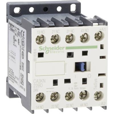Biele elektrické stykač od spoločnosti Schneider Electric s viacerými pripojeniami a popiskami. Zobrazuje model CA3KN 22BD.