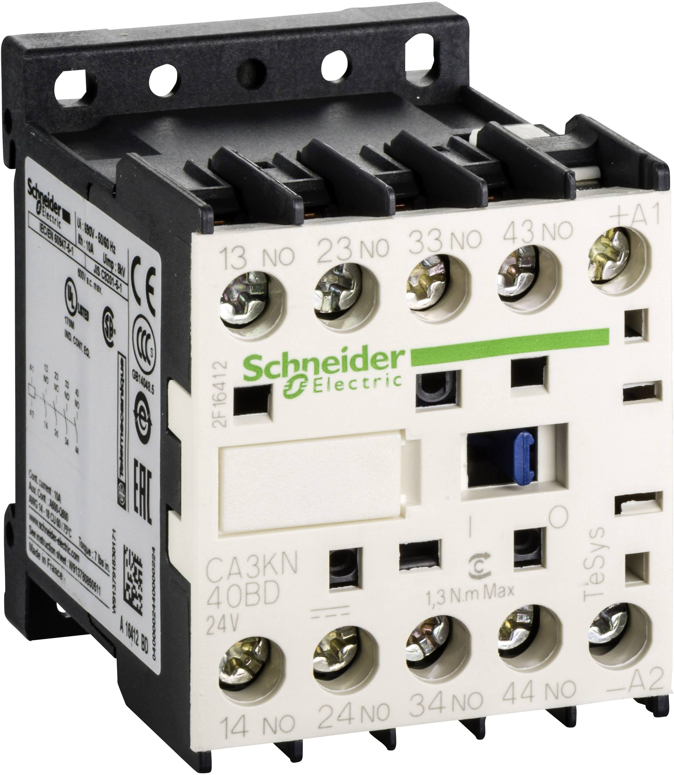 Stykač od spoločnosti Schneider Electric s viacerými skrutkovými svorkami a označením 'CA3KN' na prednej strane.