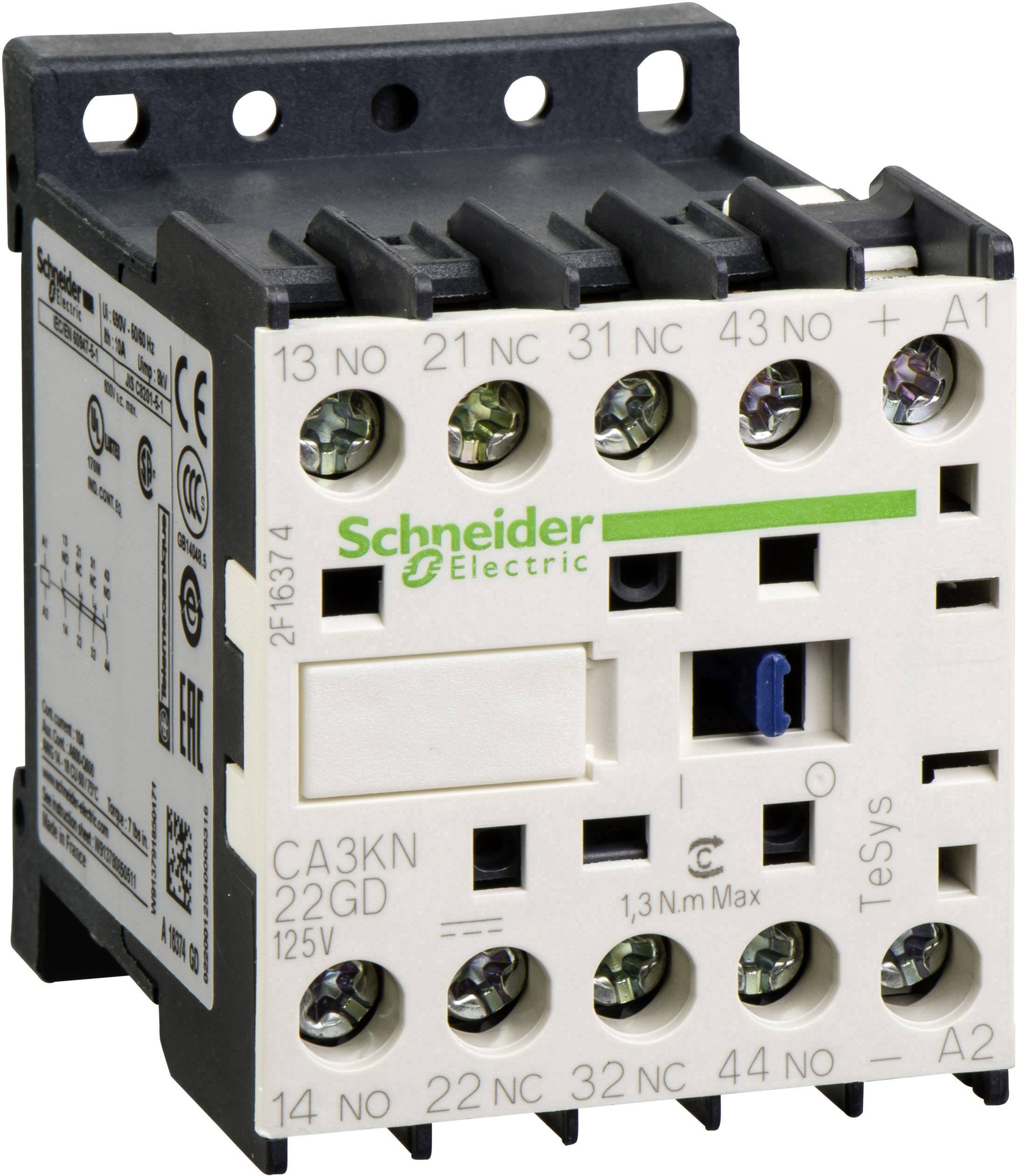 Elektrický stykač so skrutkovými svorkami s nápisom 'Schneider Electric'. Typ CA3KN 22GD, vhodný pre 125V.