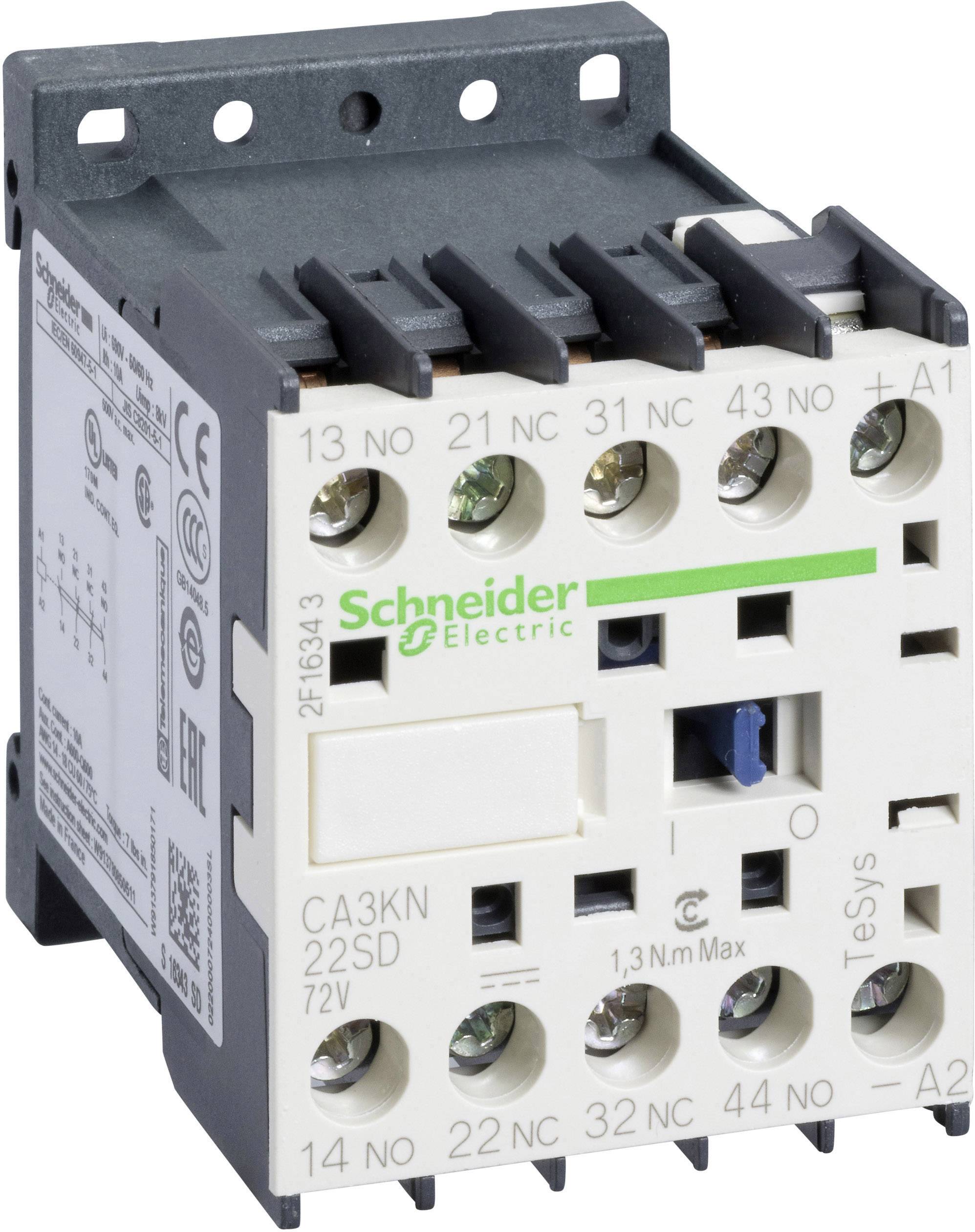 Stykač spoločnosti Schneider Electric na ovládanie elektrických zariadení, s viacerými prípojkami a zeleným logom, model CA3KN 22SD.