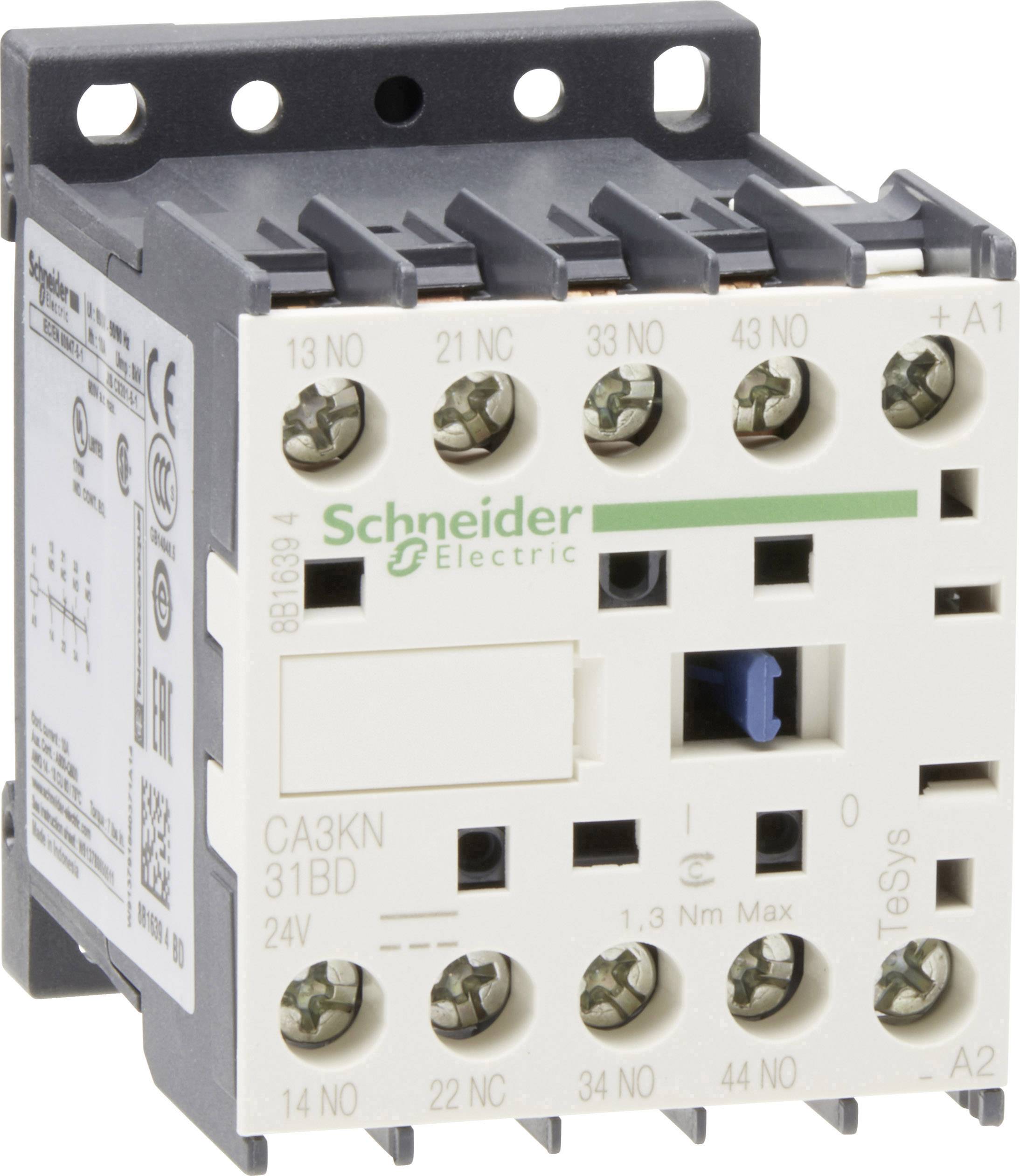 Stýkač Schneider Electric, model CA3KN 31BD. Zobrazuje elektrické pripojenia a špecifikácie vrátane napätia 24V a maximálneho krútiaceho momentu 1,3 Nm.