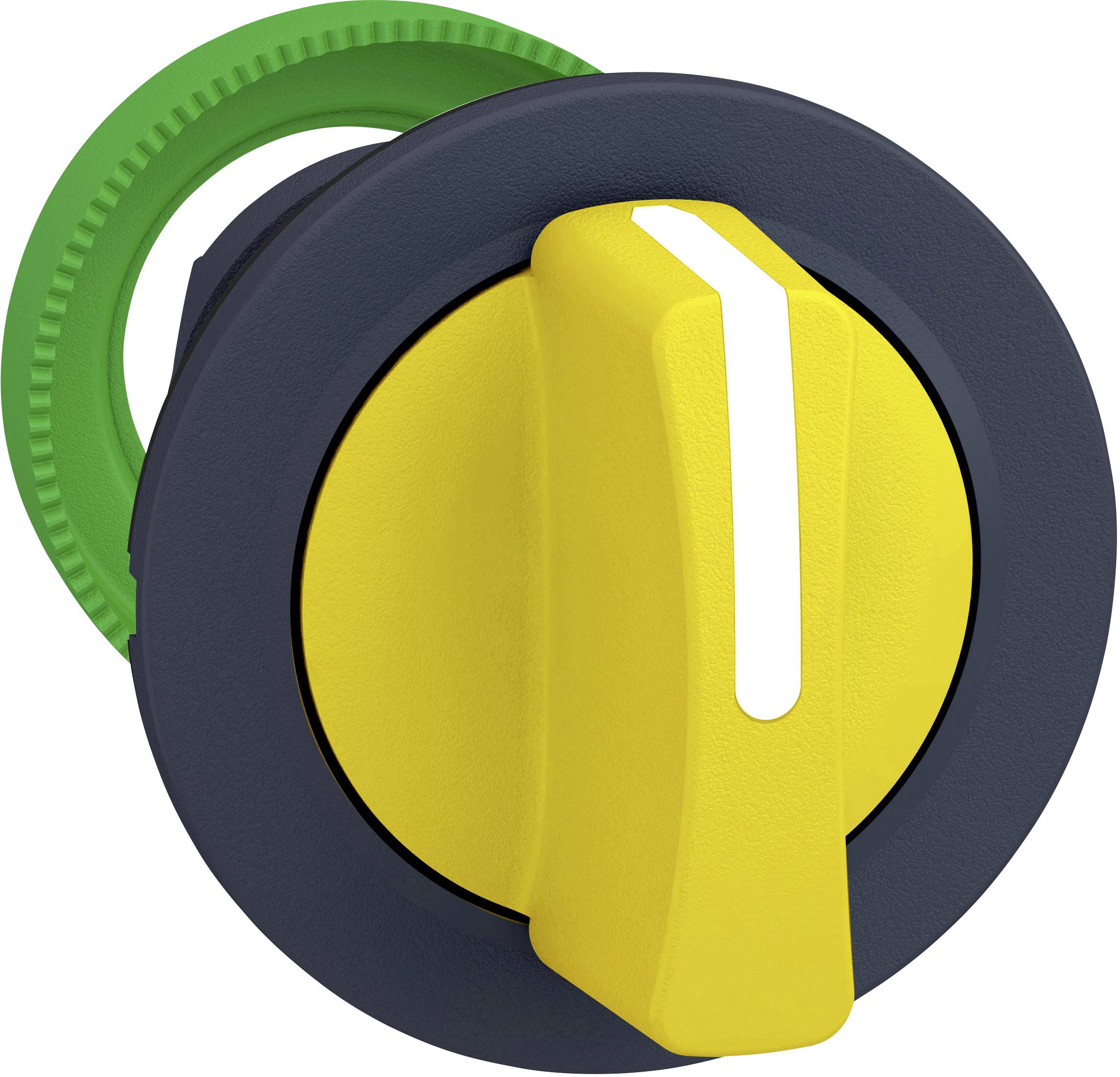 Žltý otočný prepínač so zeleným krúžkom, slúži na odpojenie elektrického obvodu alebo ovládanie stroja.