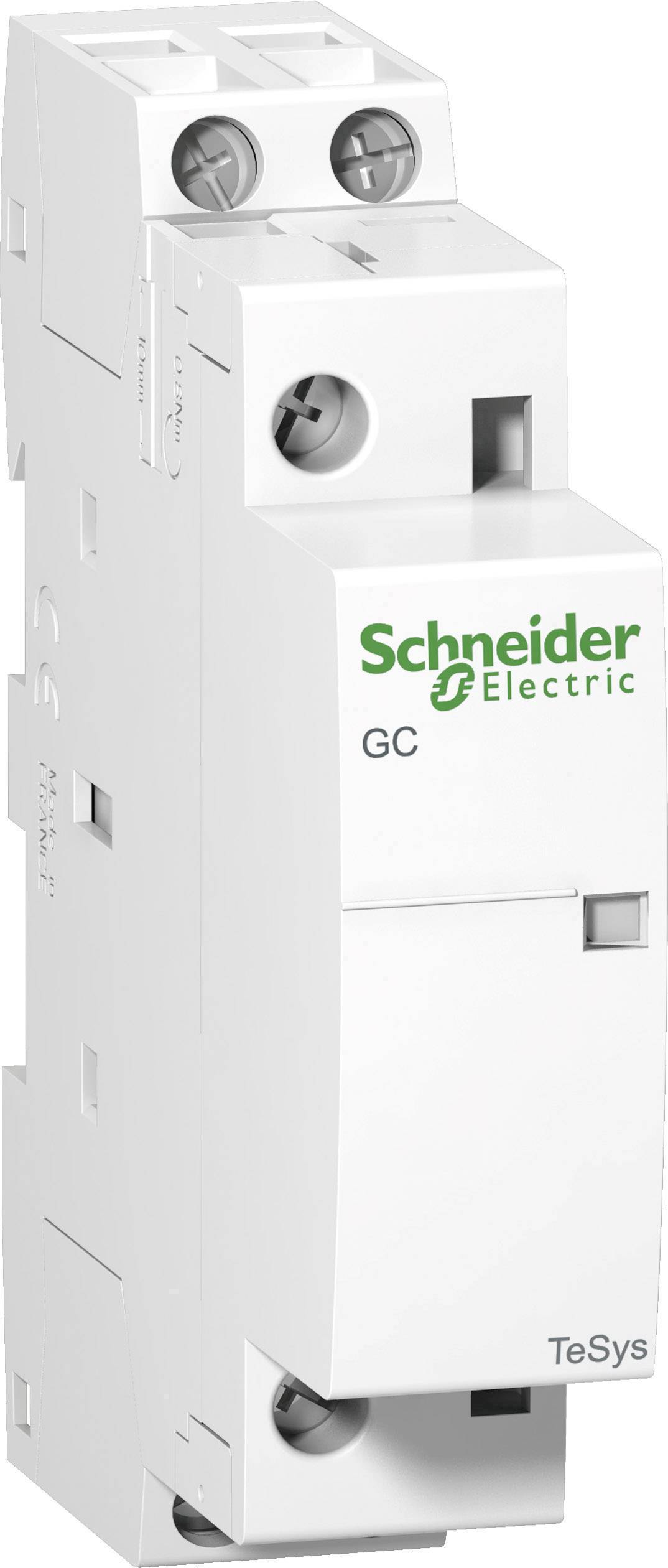 Zariadenie s nápisom Schneider Electric GC, plastový kryt, vertikálne orientované, pravdepodobne elektrický komponent.