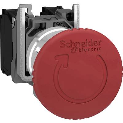 Červený núdzový vypínač od Schneider Electric so symbolom šípky, namontovaný na čiernom kryte.