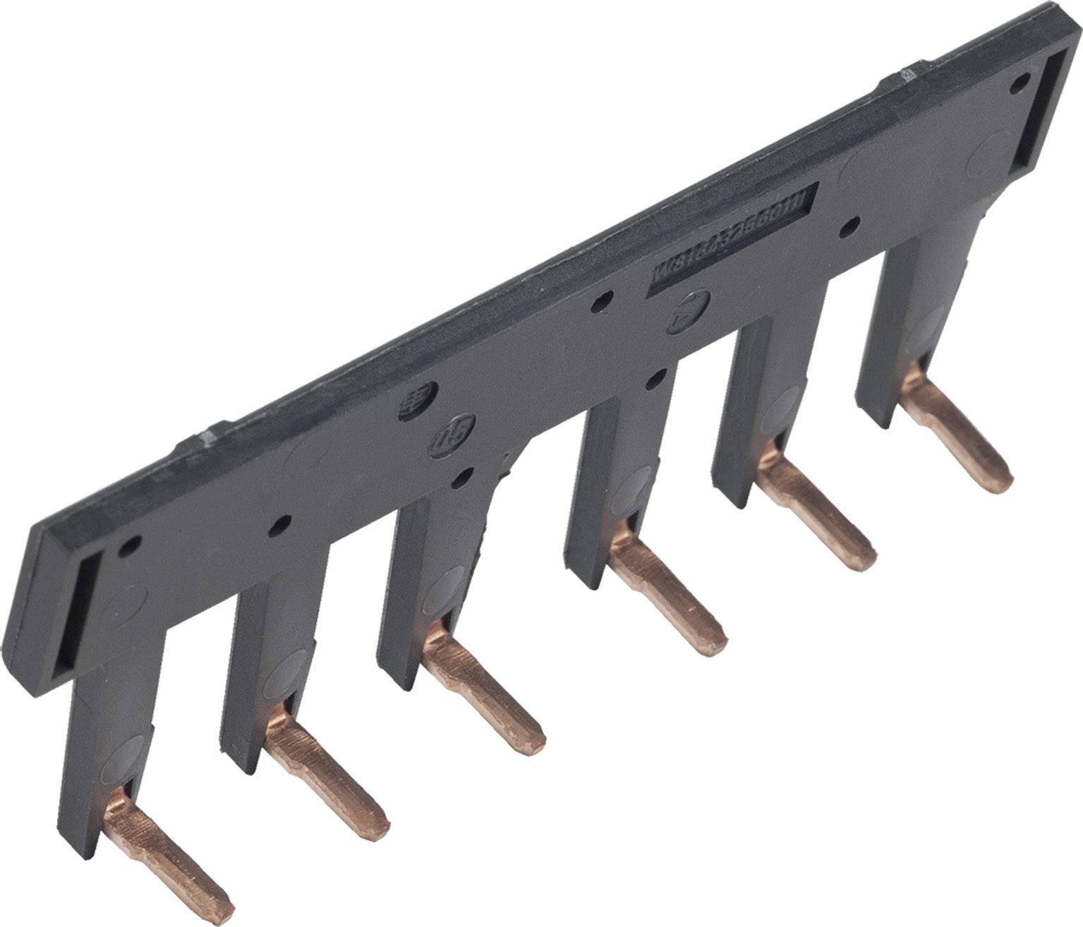 Rozdeľovač poistiek so šiestimi kontaktmi; čierna plastová lišta s mednými pripojovaciami kolíkmi.