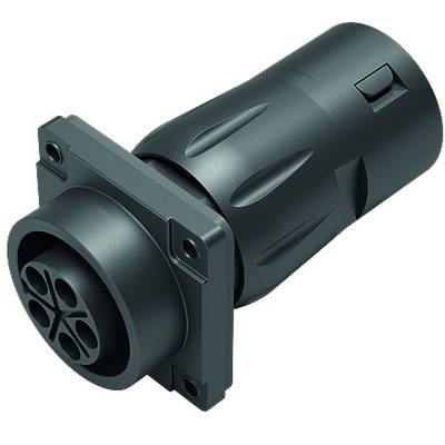 Čierny elektrický konektor s guľatým púzdrom a viacerými kolíkmi, vhodný pre priemyselné aplikácie.