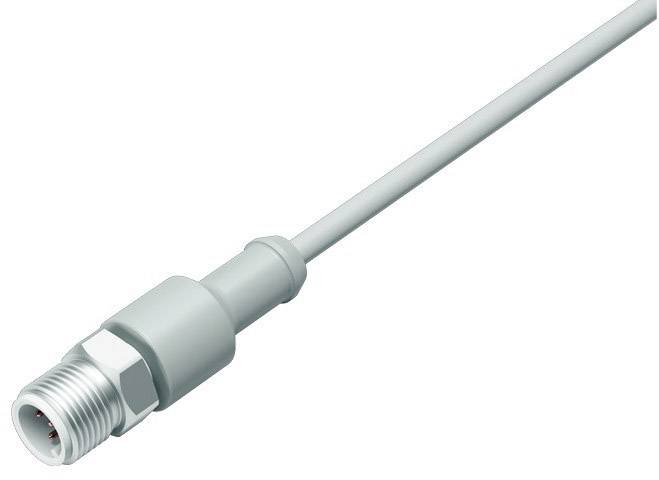 Sivý elektrický kábel s kovovým konektorom, primárne používaný na prepájanie elektronických zariadení.