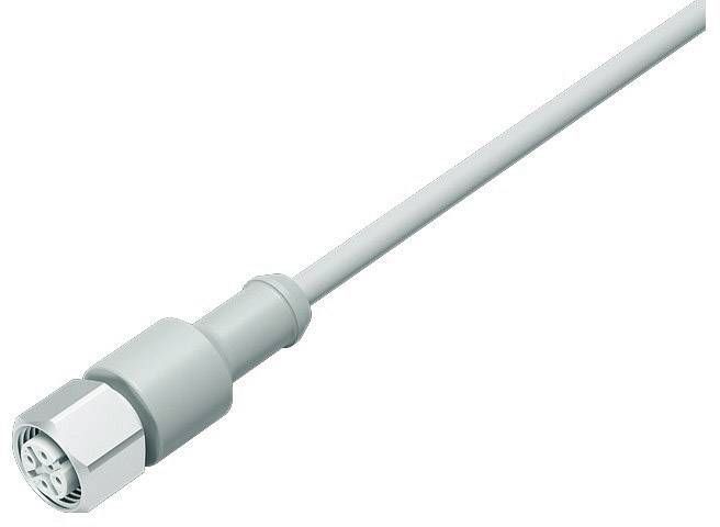 Sivý elektrický kábel s okrúhlou kovovým konektorom na konci, vhodný pre priemyselné aplikácie.