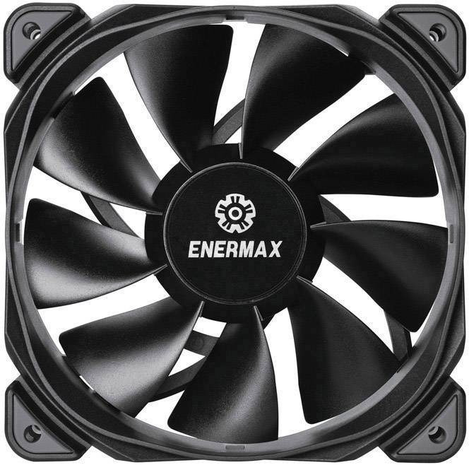 Čierny počítačový ventilátor Enermax s viacerými krídlami a centrálnym logom, vhodný na chladenie počítačových komponentov.