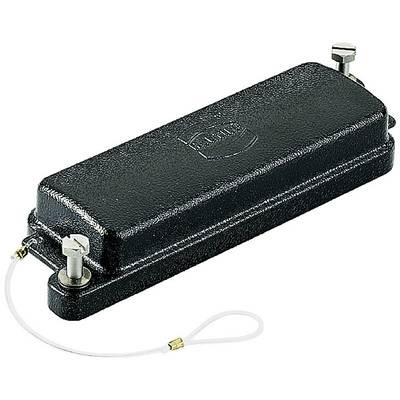 Obdĺžnikový čierny kovový kryt so štyrmi upevňovacími skrutkami a pripojeným káblom.