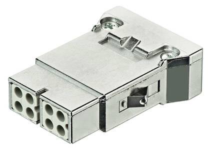 Obdĺžnikový strieborný elektrický konektor s šiestimi kruhovými zásuvkami a dvoma viditeľnými skrutkami na vrchu.