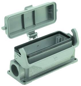 Obdĺžnikový, sivý, otvorený konektor s vyklopeným krytom, vhodný pre priemyselné elektrické aplikácie.