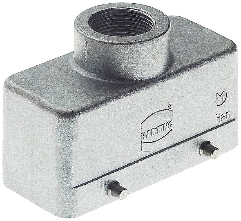 Kovový kryt s guľatým otvorom hore, vhodný pre Harting elektrické konektory. Nápis 'HARTING Han'.