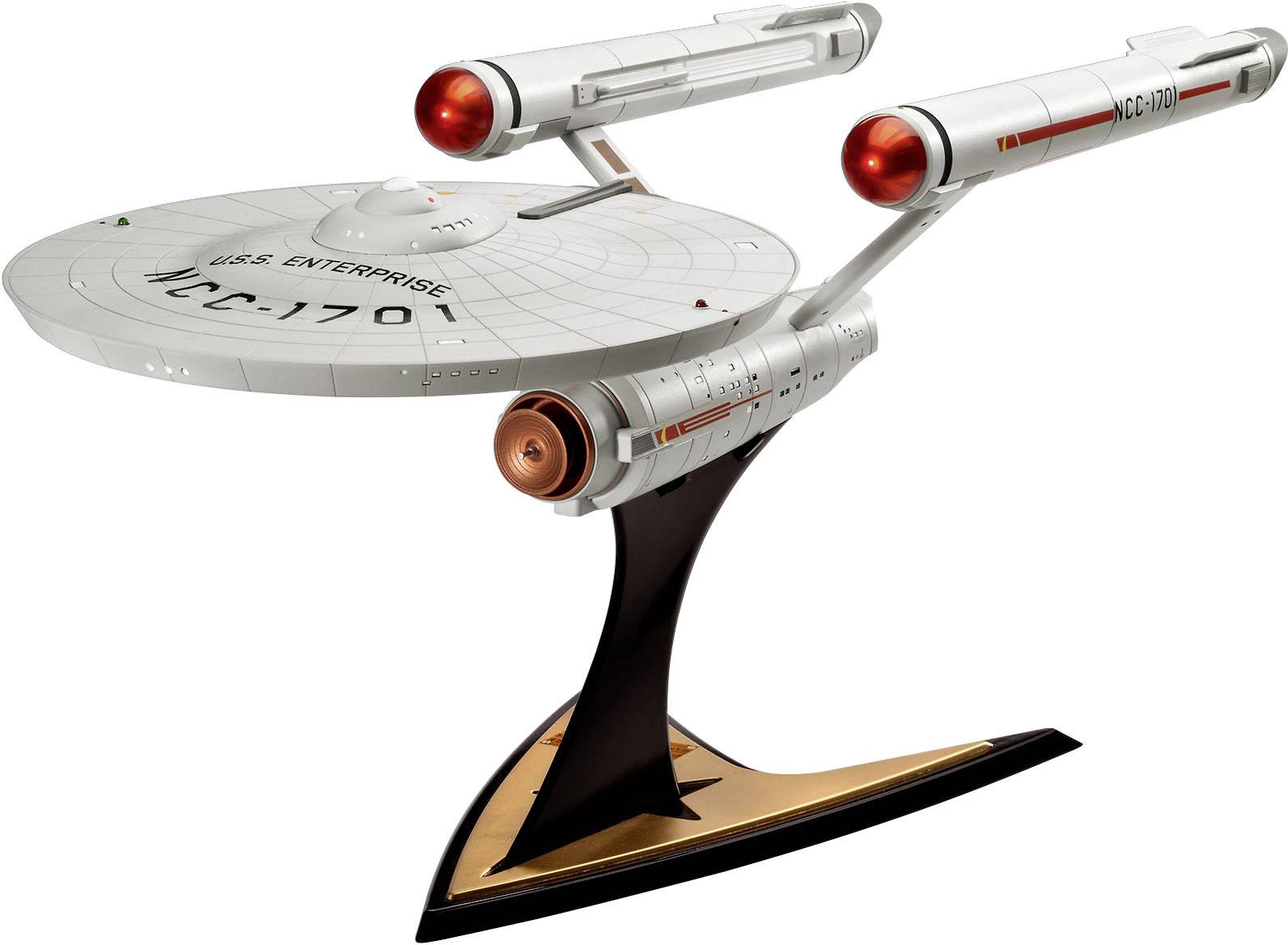 Model vesmírnej lode 'USS Enterprise' zo Star Treku, s červeno svietiacimi pohonmi, prezentovaný na podstavci.
