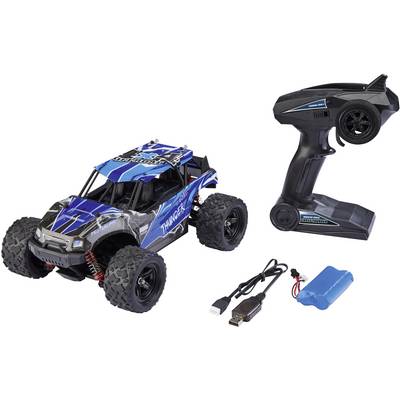Diaľkovo ovládané hračkárske auto, offroad dizajn, modré a čierne detaily. Súčasťou balenia je diaľkový ovládač, akumulátor a USB nabíjací kábel.