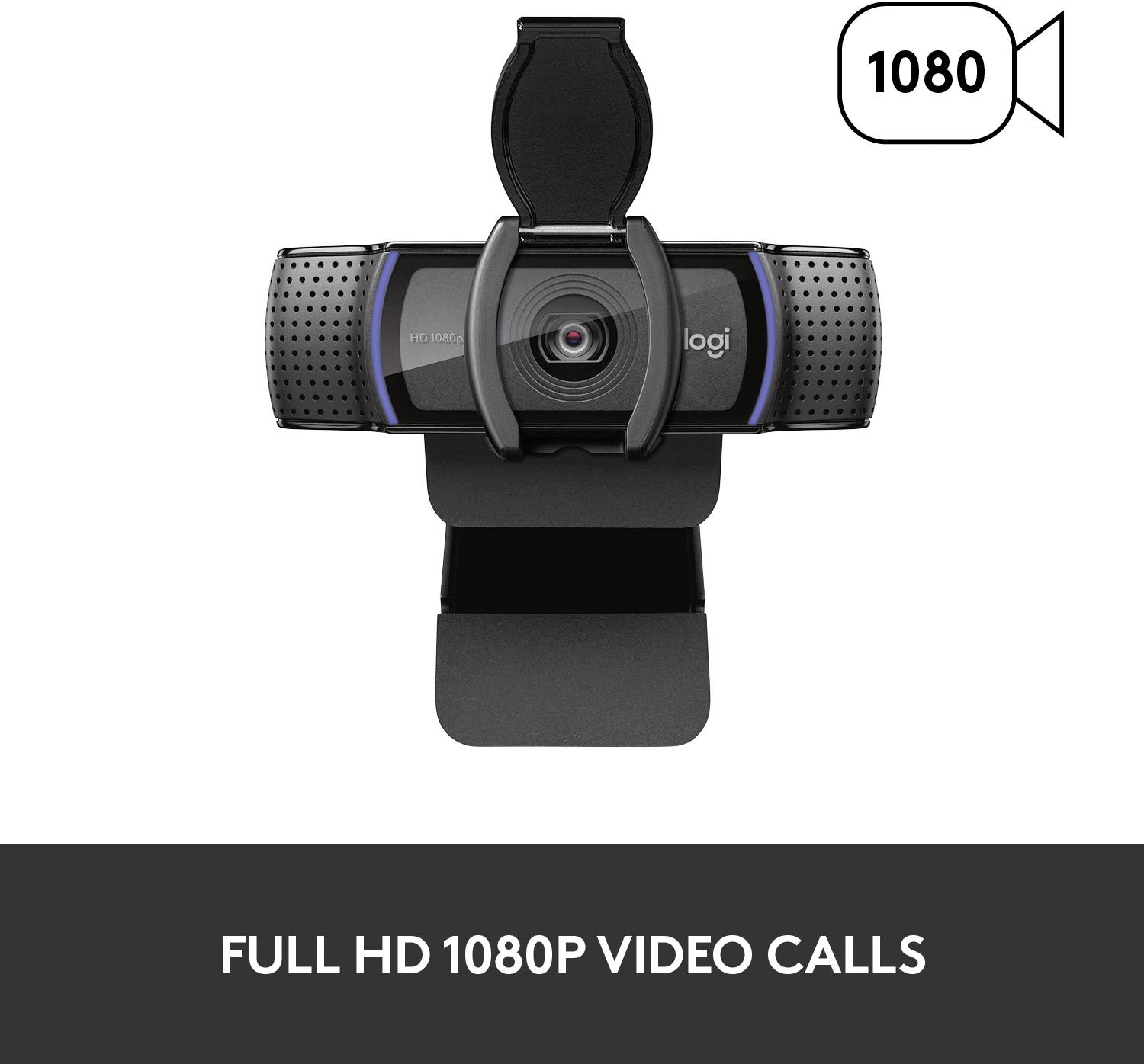 Webkamera s rozlíšením 1080p, vhodná pre videohovory v Full HD kvalite. Je čierna a má klip na pripevnenie k obrazovkám.