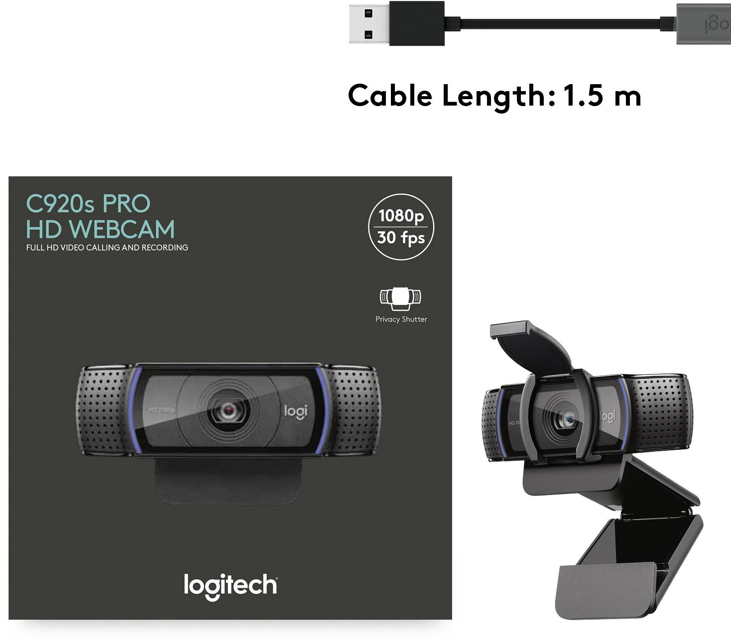 Obrázok zobrazuje webovú kameru Logitech C920s Pro HD spolu s jej obalom. Je viditeľný kábel s dĺžkou 1,5 metra.