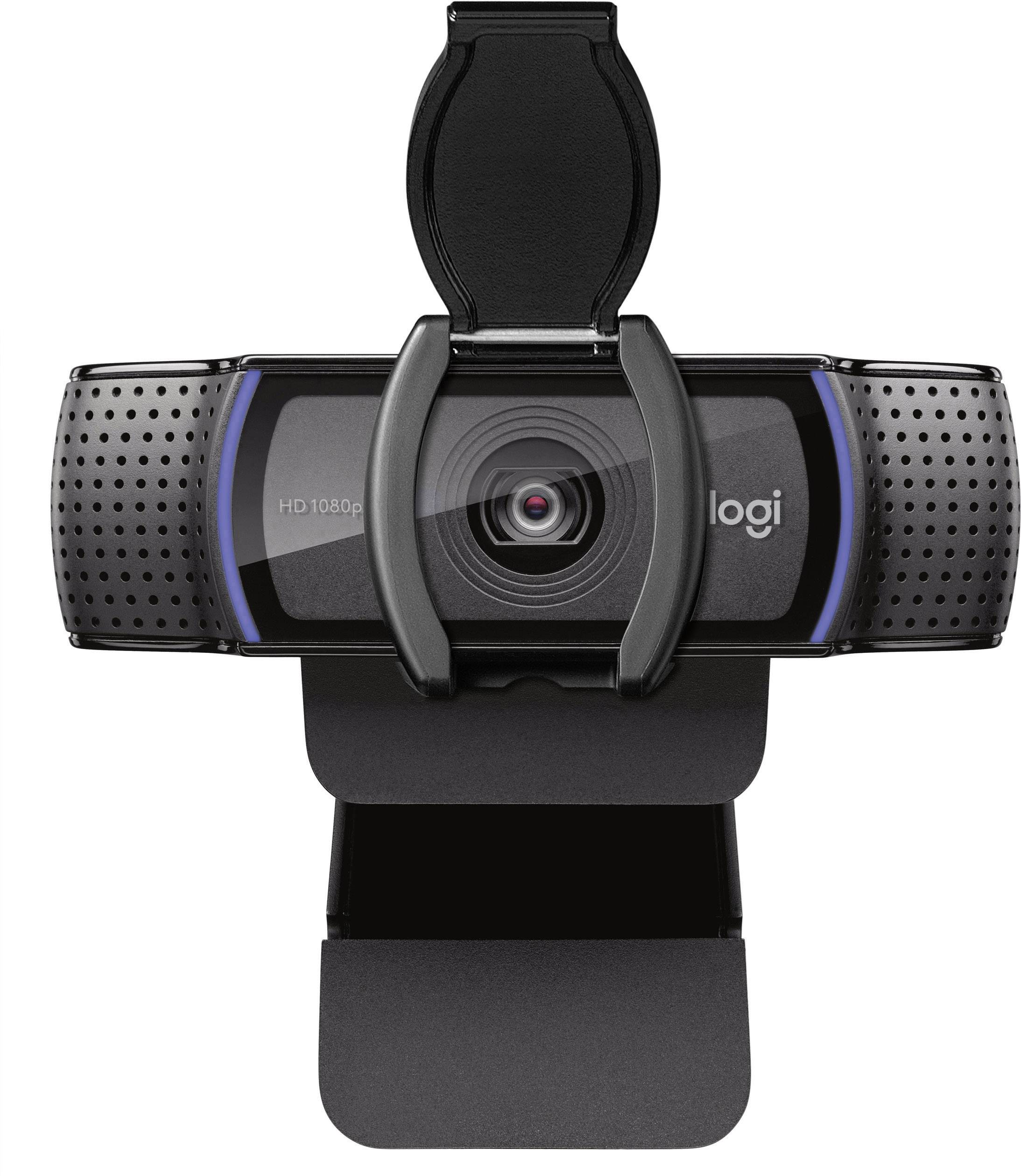 Čierna webkamera s držiakom a sklopným krytom, vhodná pre videohovory a s rozlíšením 1080p HD.