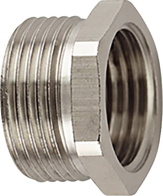 Šesťhranný kovový adaptér s vonkajším závitom, vhodný pre potrubnú inštaláciu.