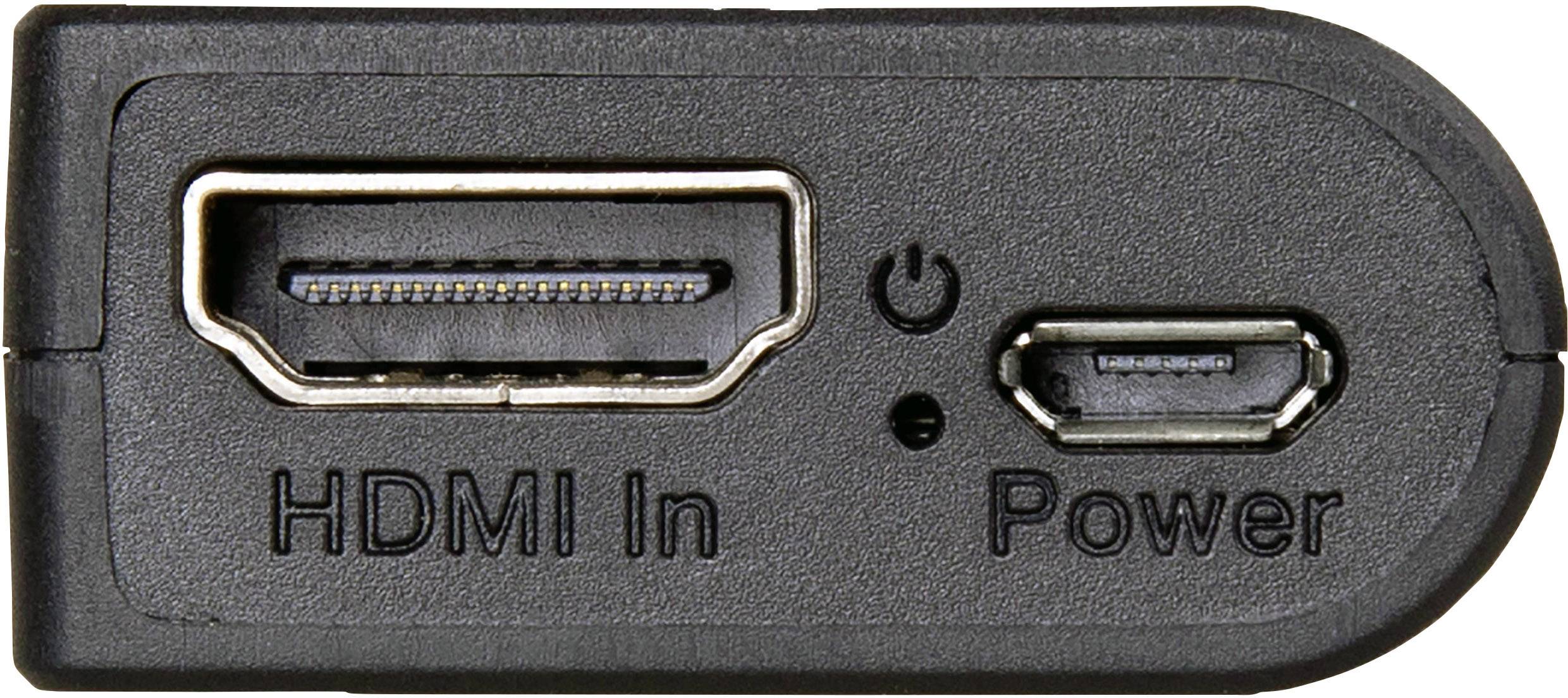 HDMI a napájací konektor na jednom zariadení. Vľavo: HDMI vstupný konektor. Vpravo: Micro-USB napájací konektor, vedľa označený ako 'Power'.