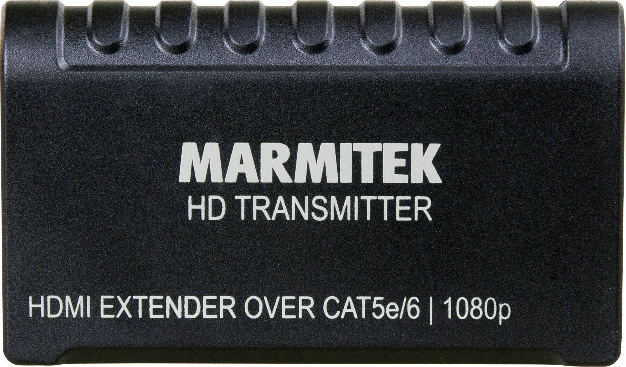 Čierne zariadenie Marmitek s nápisom 'HD Transmitter', 'HDMI Extender cez CAT5e/6 | 1080p'. Údajne určené na prenos signálu.