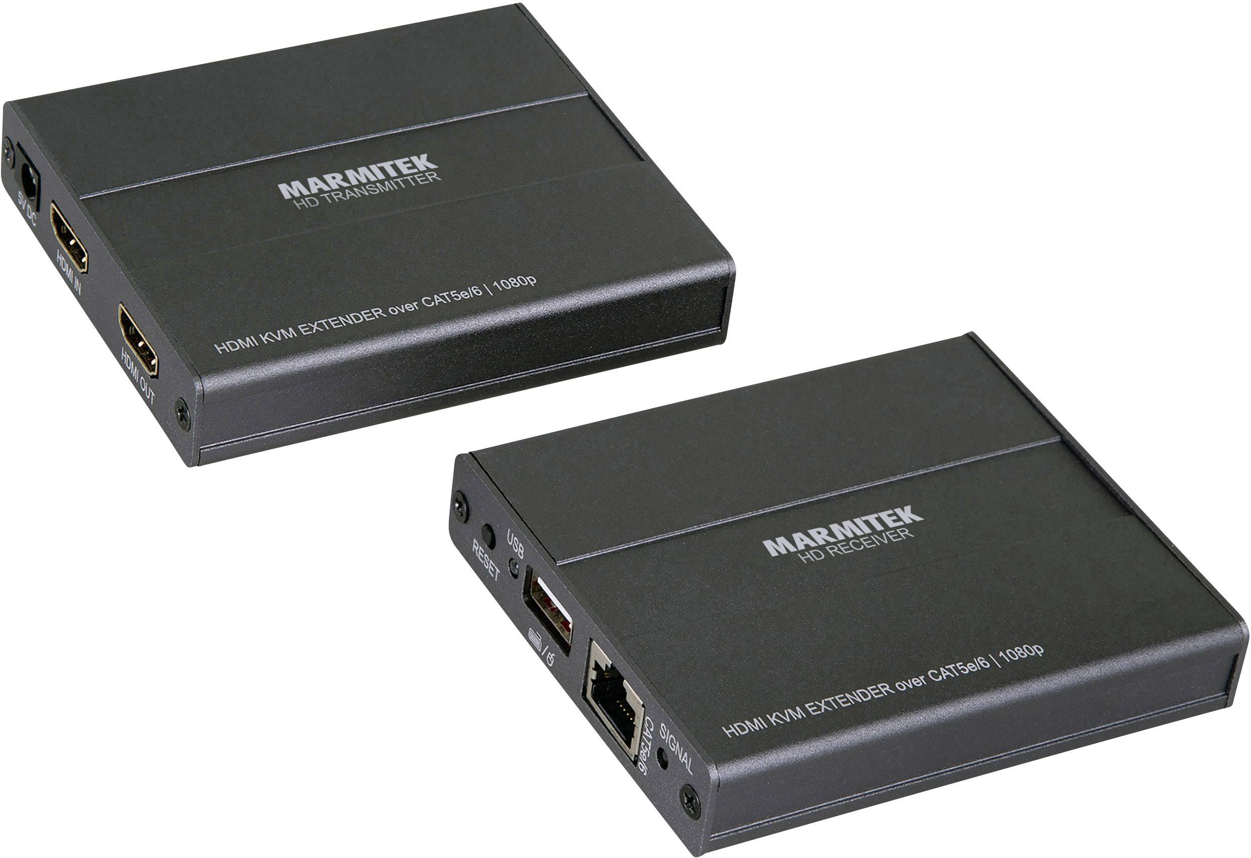 'Dva čierne Marmitek HDMI KVM extendery, model GMW CAT5e/6 100M. Jeden je označený ako vysielač, druhý ako prijímač.'