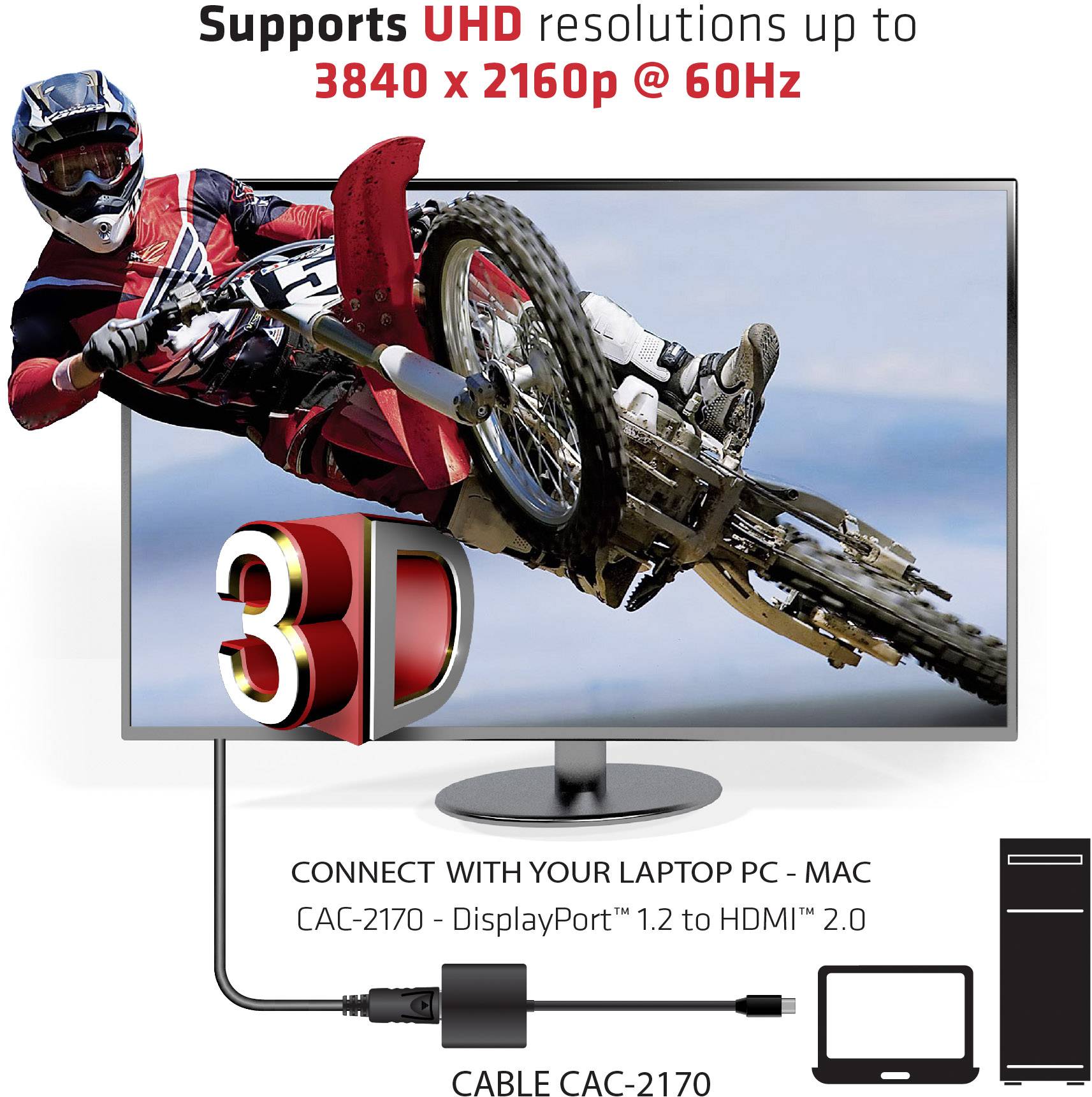 Obrázok zobrazuje motokrosového jazdca v akcii na UHD monitore. Text na obrazovke: 'Podporuje UHD rozlíšenie až do 3840 x 2160p @ 60Hz'.