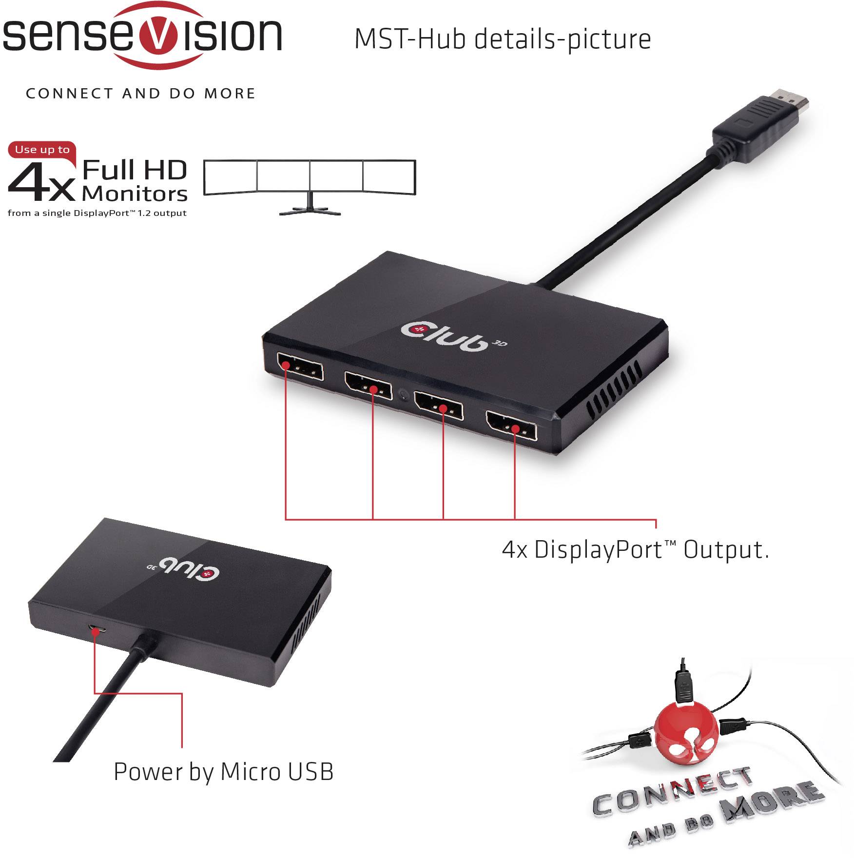 Multimediálny rozbočovač MST s DisplayPort, ktorý podporuje až štyri monitory s Full HD rozlíšením. Napájanie cez Micro USB. Heslo: "Pripoj a urob viac".