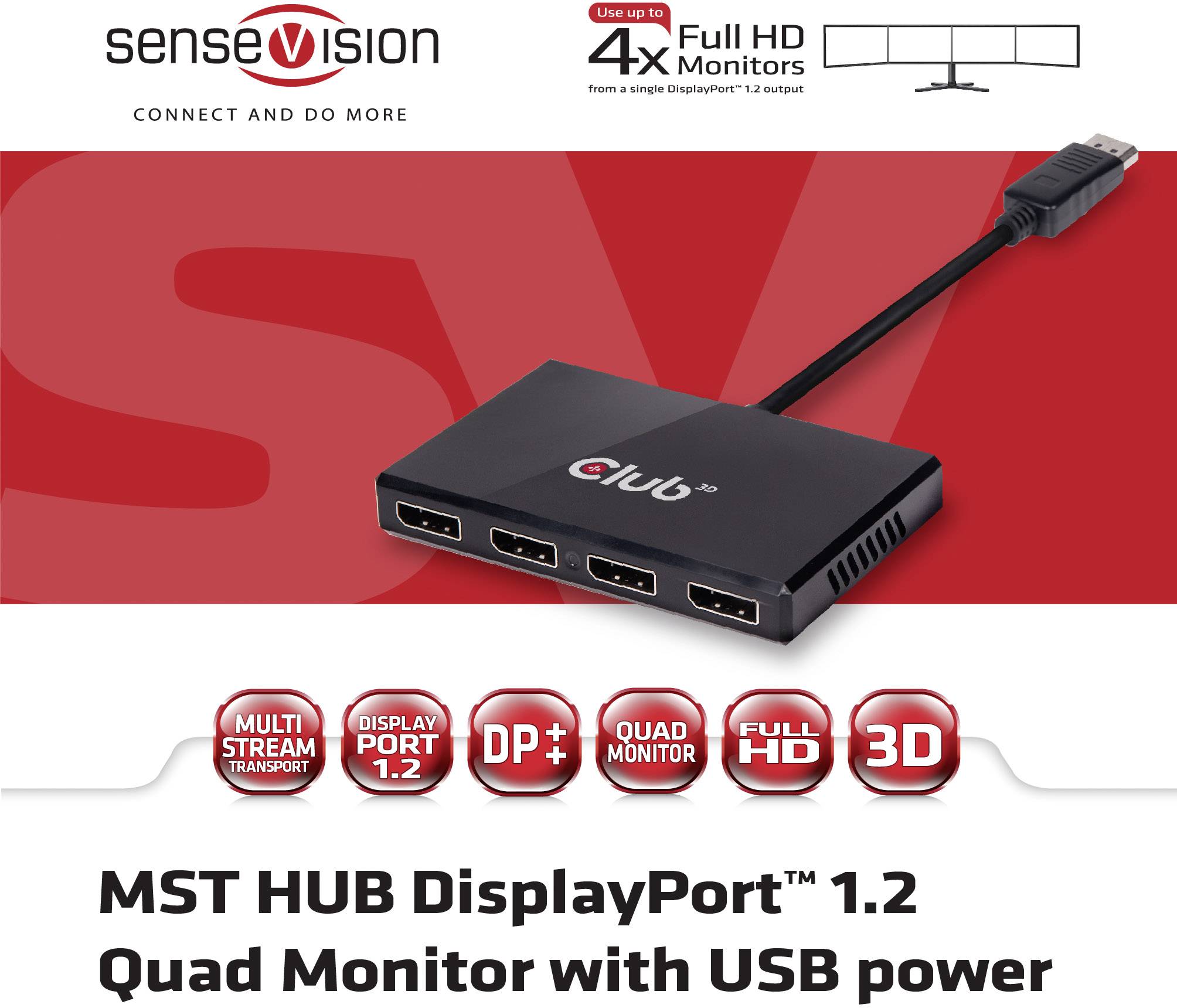 MST HUB DisplayPort 1.2 Quad Monitor s USB napájaním. Podporuje 4 monitory až do Full HD. Ideálny pre Multi-Stream Transport.