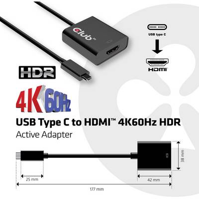 USB-C na HDMI adaptér s podporou 4K60Hz HDR, zobrazuje káble a konektory. Obsahuje HDR a 4K60Hz logo, dĺžka 177 mm.