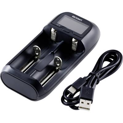 Nabíjačka batérií s dvoma nabíjacími miestami a LCD displejom. Vedľa zariadenia je USB kábel. Vhodná pre batérie AA.