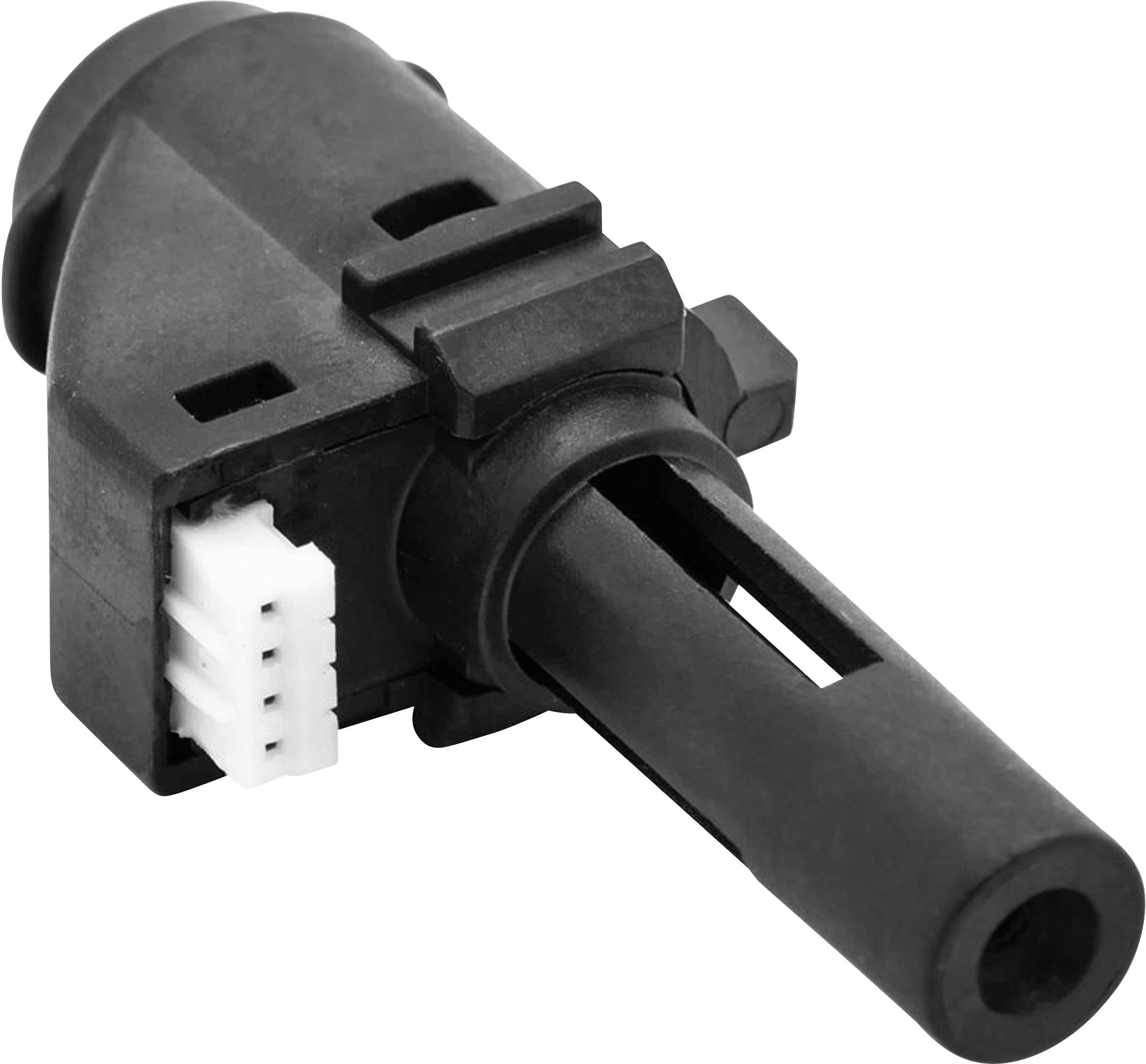 Čierny senzor s obdĺžnikovým púzdrom a bielym štvorcestným konektorovým pripojením.