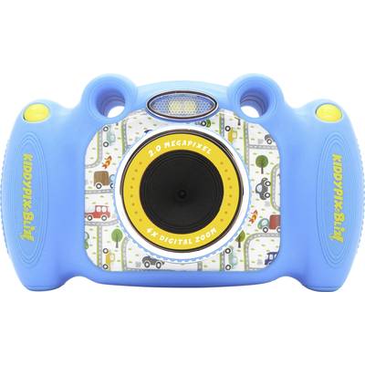 Modrý detský fotoaparát s dvoma žltými tlačidlami. V strede je objektív s nápisom '2.0 Megapixel, 5x digitálny zoom'.