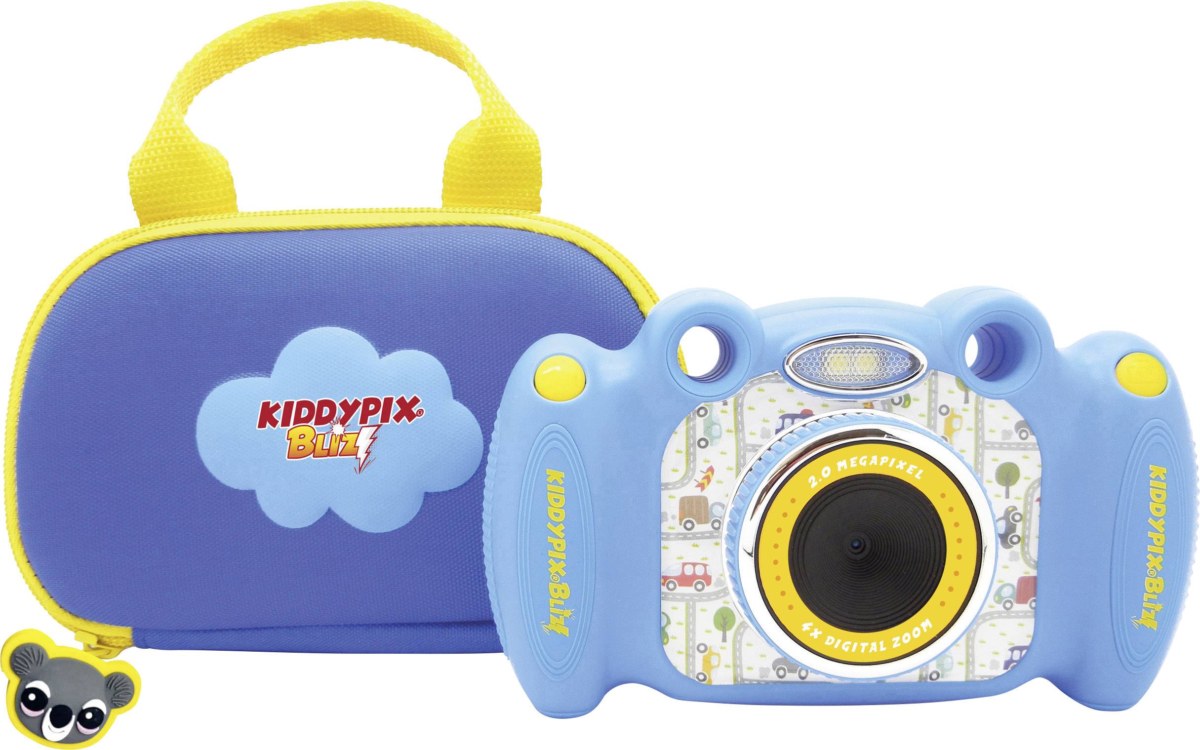 Detský digitálny fotoaparát v modrej farbe so žltým popruhom a zodpovedajúcou taškou. Fotoaparát má pestrofarebný dizajn a jednoduché ovládanie.