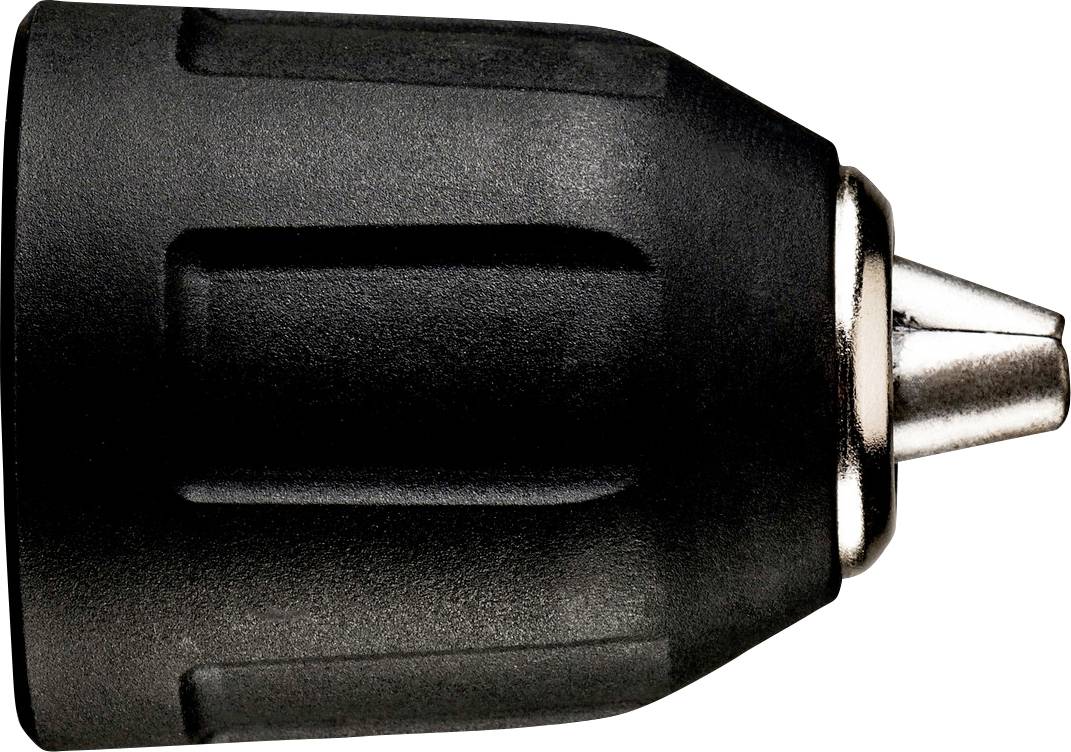 Zväčšený záber čierneho adaptéra elektrickej vŕtačky s strieborným kovovým hrotom na bielom pozadí.