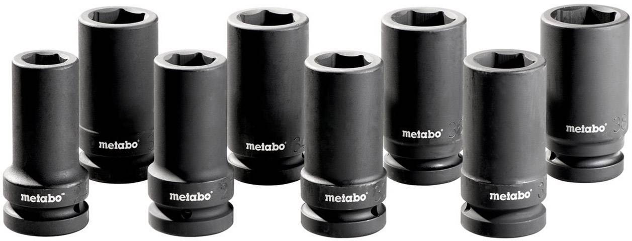 Osem čiernych skrutiek rôznych veľkostí, postavených vo zvislej polohe, s logom 'metabo'. Sú vhodné pre mechanické aplikácie.