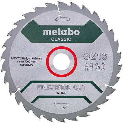 Metabo Classic presne rezajúci pilový kotúč na drevo s priemerom 216 mm a 30 zubami, zobrazený v čelnom pohľade na bielom pozadí.