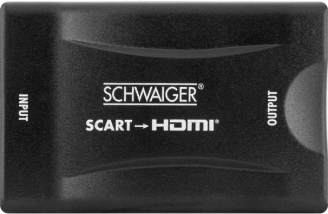 Čierny adaptér s nápisom 'Schwaiger SCART na HDMI', zobrazuje vstupné (IN) a výstupné (OUT) prípojky.