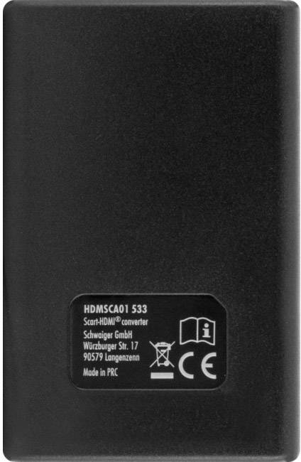 Čierny adaptér s nápisom 'Prevodník Scart-HDMI®' a informáciami o výrobcovi: 'Schwaiger GmbH, Vyrobené v PRC'.