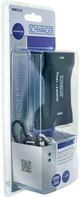 Konvertor Scart-HDMI Schwaiger v balení. Adaptér konvertuje Scart signál na HDMI. Obsahuje konvertor a kábel, vhodný pre staršie zariadenia.