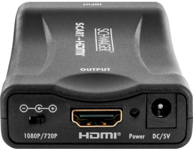 Čierny SCART-HDMI konvertor s HDMI portom, napájacím konektorom a prepínačom pre výstup 1080p/720p.