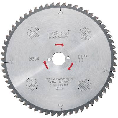 Pílový kotúč s nápisom 'metabo precision cut', priemer 254 mm, na presné rezanie dreva, max. 6100 ot./min.