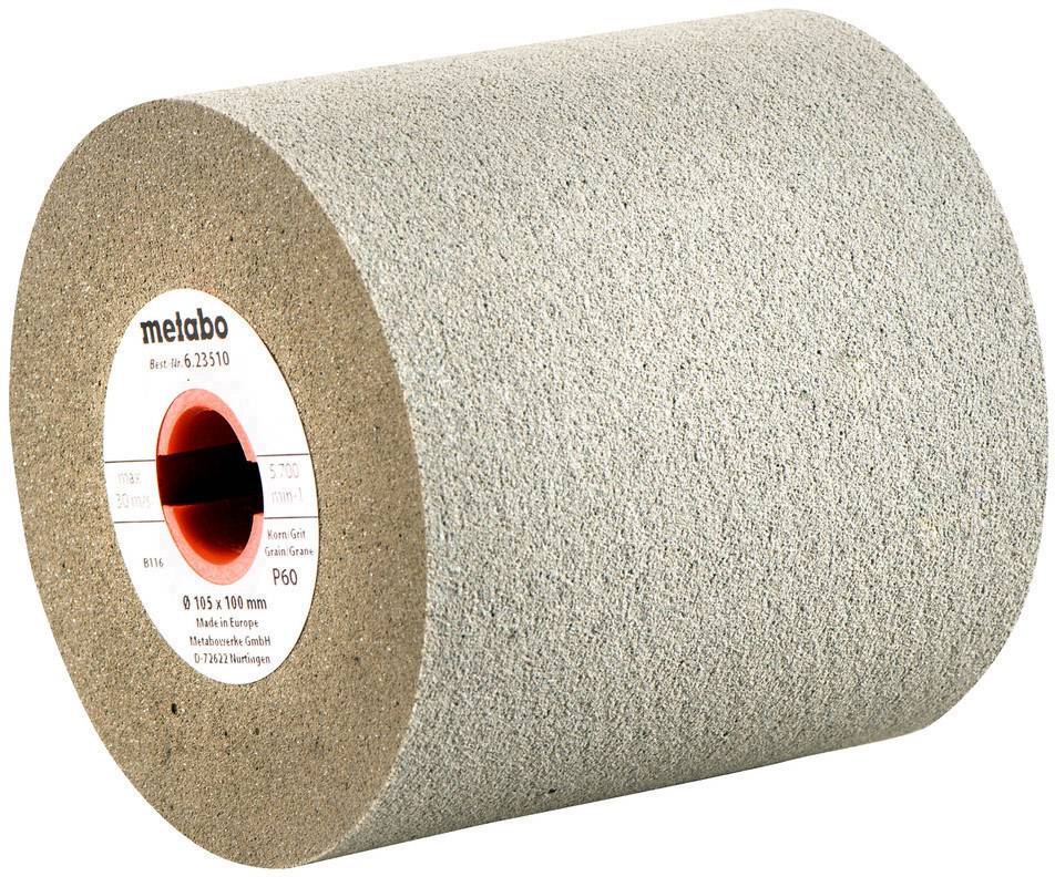 Brúsny valec zo šlifovacieho materiálu s papierovým jadrom, potlačený logom 'metabo'. Veľký priemer, jemná zrnitosť. Vhodný na povrchovú úpravu.